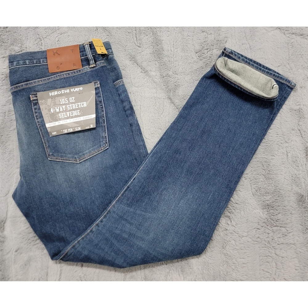 Hiroshi Kato Jeans Mens 38x35 Blue Pen Slim 4-Way Stretch 10.5 Oz Selvedge Denim